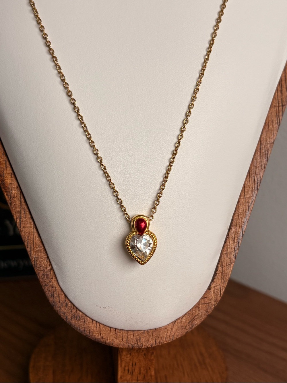 Gold Heart Pendant Necklace with Red Accent